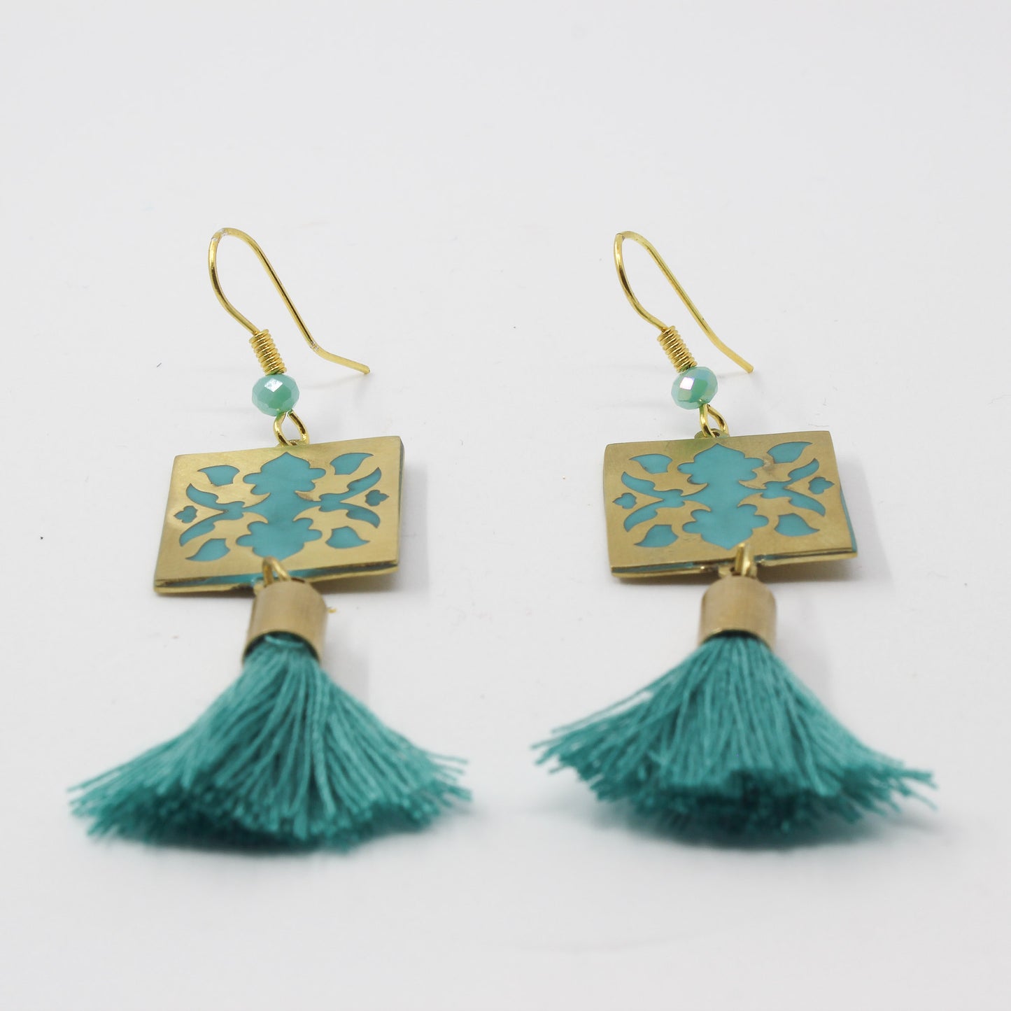 Handmade brass square earrings, gold, blue-green