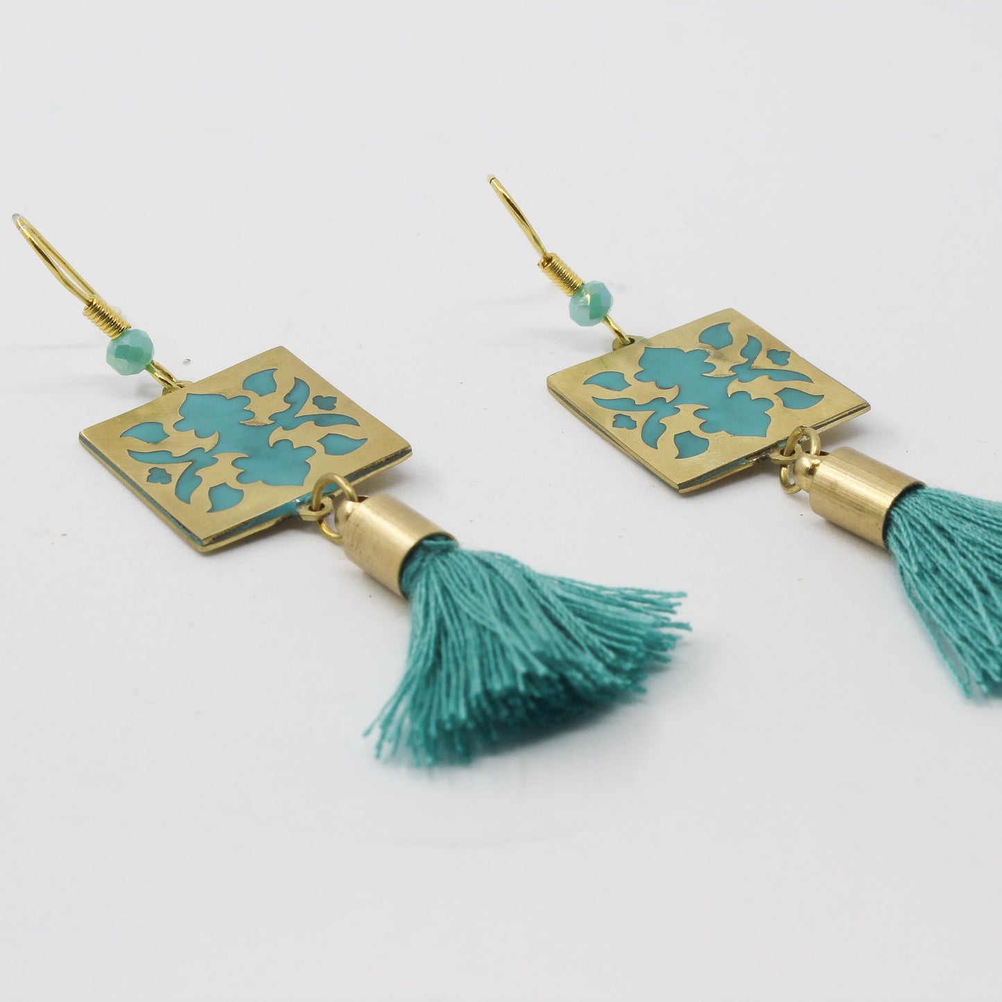 Handmade brass square earrings, gold, blue-green