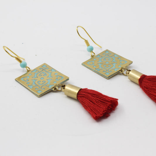 Handmade brass square earrings, gold, turquoise, red
