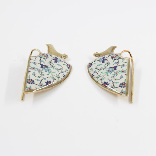 Handmade miniature brass earring, gold, white