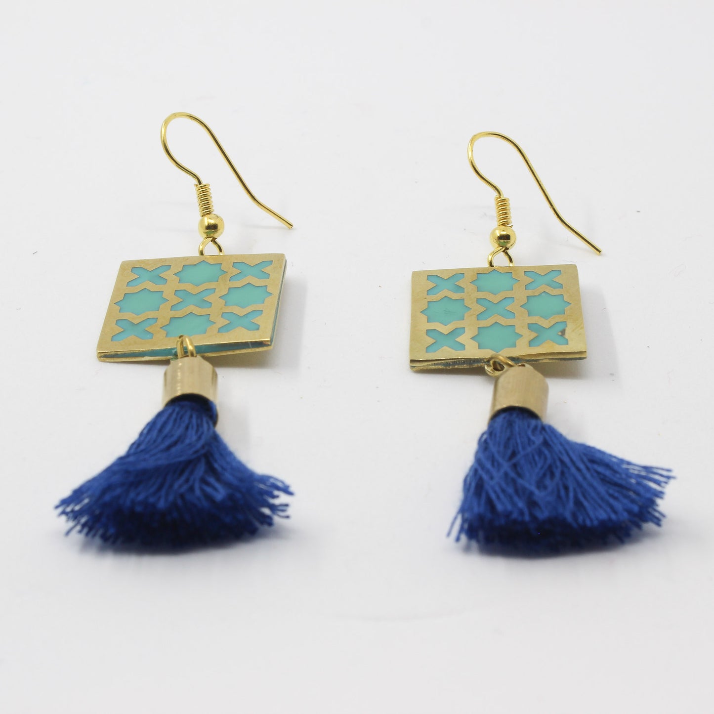 Handmade brass square earrings, gold, blue, turquoise