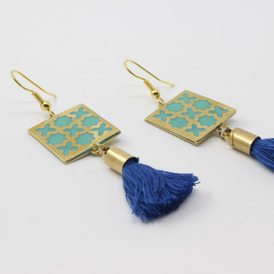Handmade brass square earrings, gold, blue, turquoise