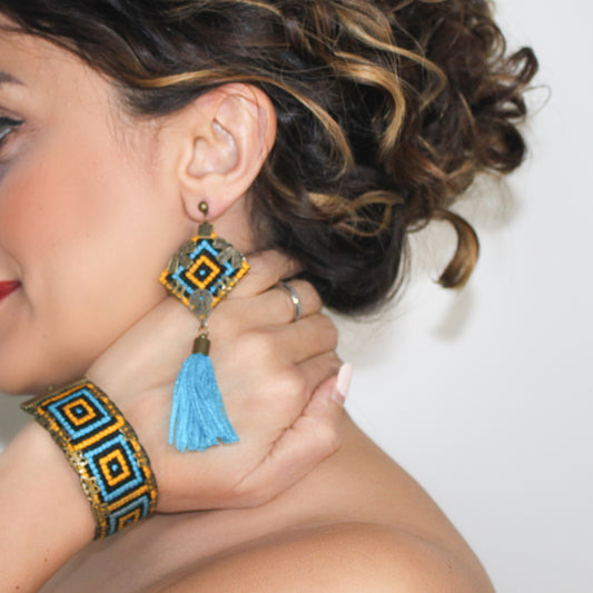 Handmade Balochi embroidered earrings and bracelet, yellow, blue